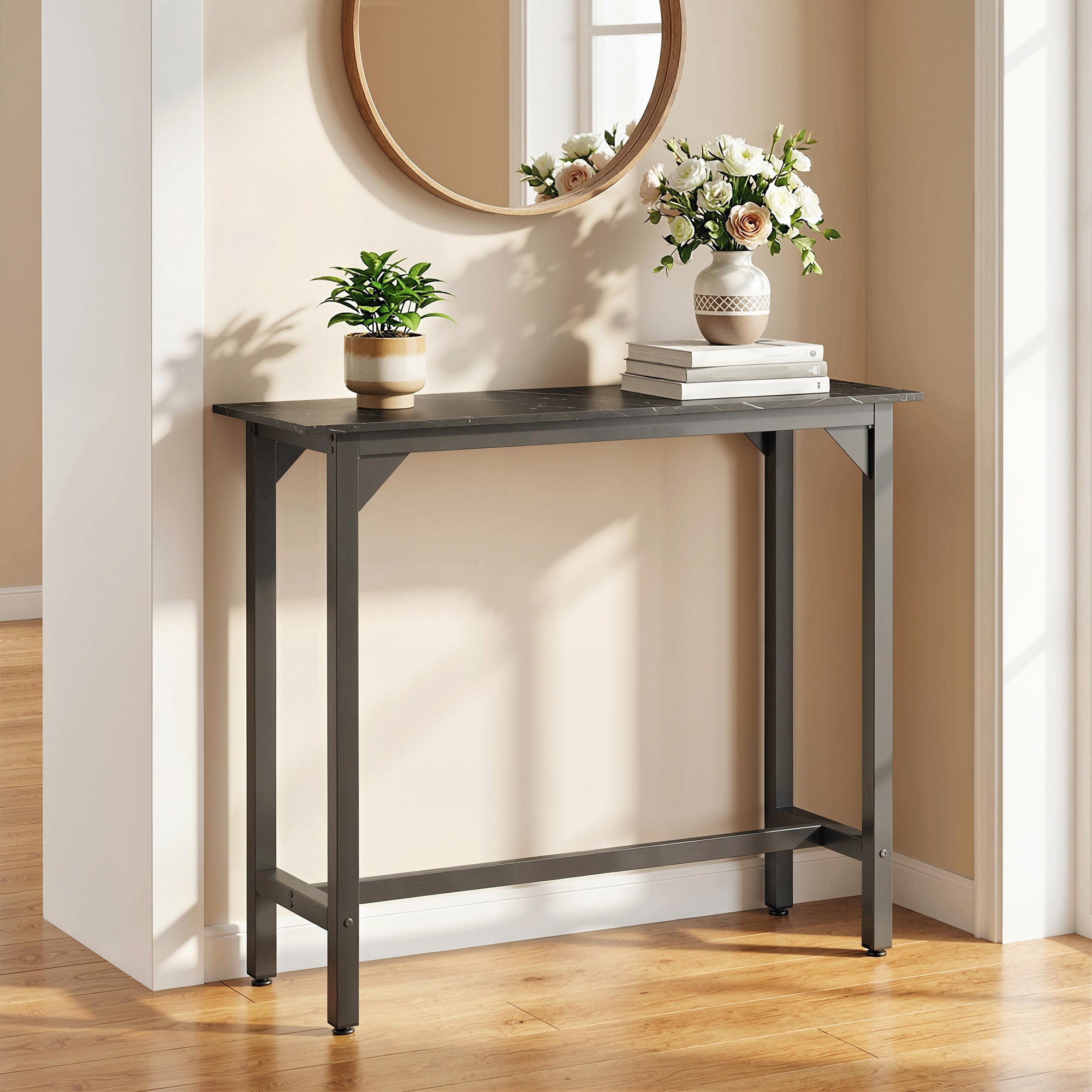 HOMCOM Rectangular Bar Table, Marble Effect Pub Coffee Table for Small Space, Breakfast Dining, Black Marble Effect 