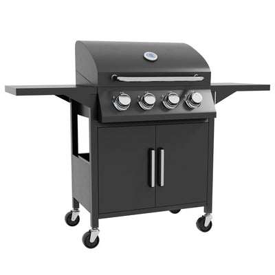 Outsunny 4 Burner Gas BBQ Grill Outdoor Portable Barbecue Trolley w/ Warming Rack, Side Shelves, Storage Cabinet, Thermometer 