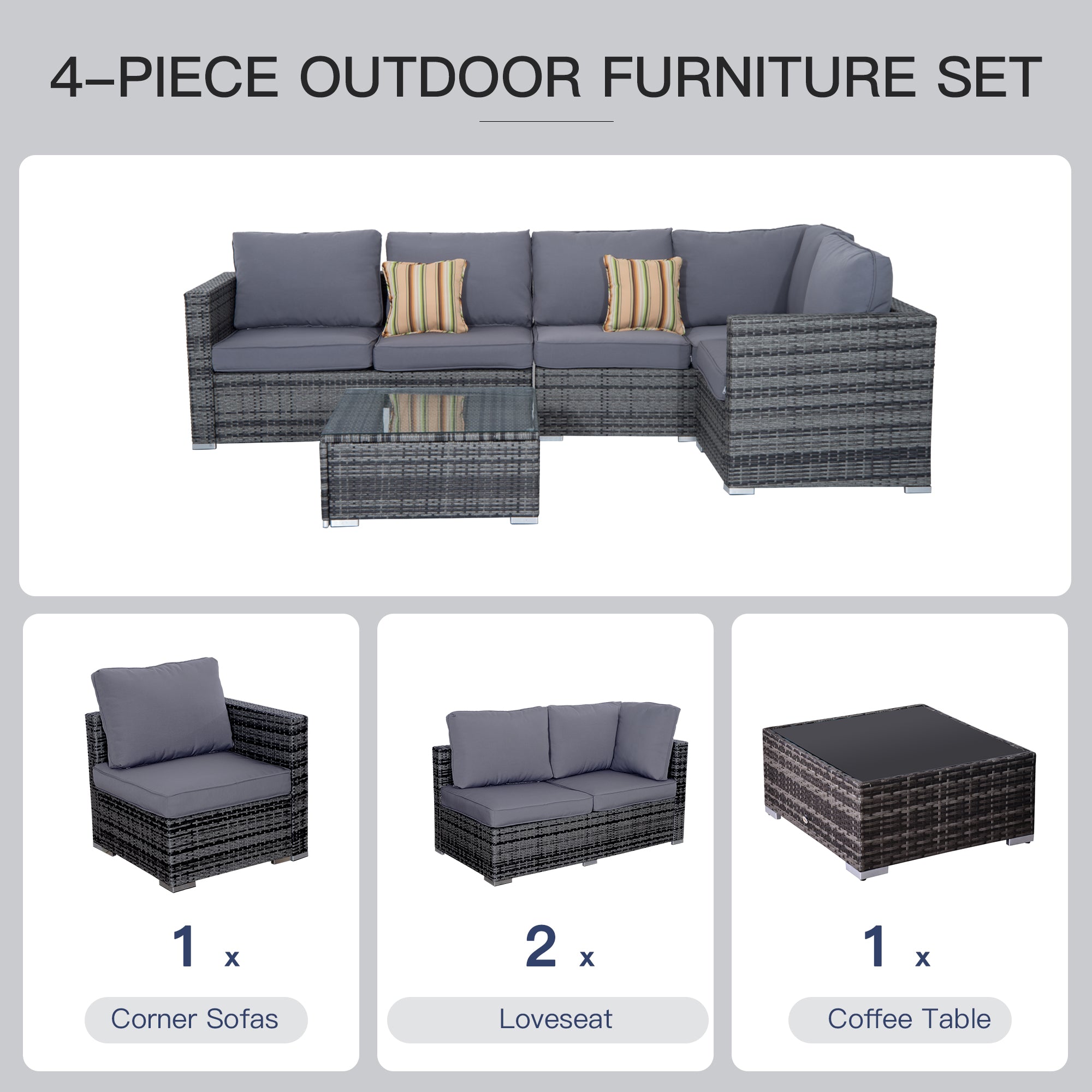 Outsunny 4 Pieces Rattan Garden Furniture Set, Wicker Outdoor Furniture Set with Corner Sofa Loveseat Coffee Table Cushions, Conservatory Furniture Set for Patio Balcony Poolside, Grey 