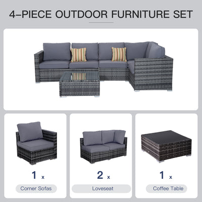 Outsunny 4 Pieces Rattan Garden Furniture Set, Wicker Outdoor Furniture Set with Corner Sofa Loveseat Coffee Table Cushions, Conservatory Furniture Set for Patio Balcony Poolside, Grey 