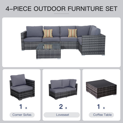 Outsunny 4 Pieces Rattan Garden Furniture Set, Wicker Outdoor Furniture Set with Corner Sofa Loveseat Coffee Table Cushions, Conservatory Furniture Set for Patio Balcony Poolside, Grey 