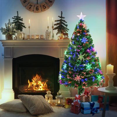 HOMCOM 4FT Green Fibre Optic Artificial Christmas Tree Xmas Colourful LED Scattered Tree with Snowflakes Ornaments Fireproofing 