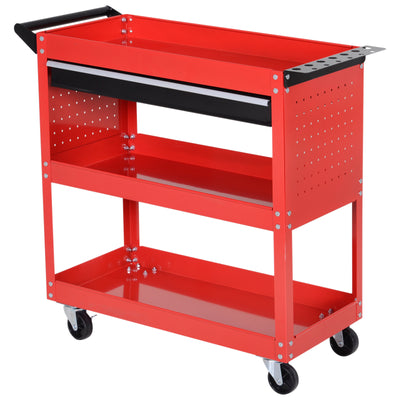 DURHAND 3-Tier Tool Trolley Cart Storage Shelf Roller Cabinet DIY Box Garage Workshop with Drawer Red 