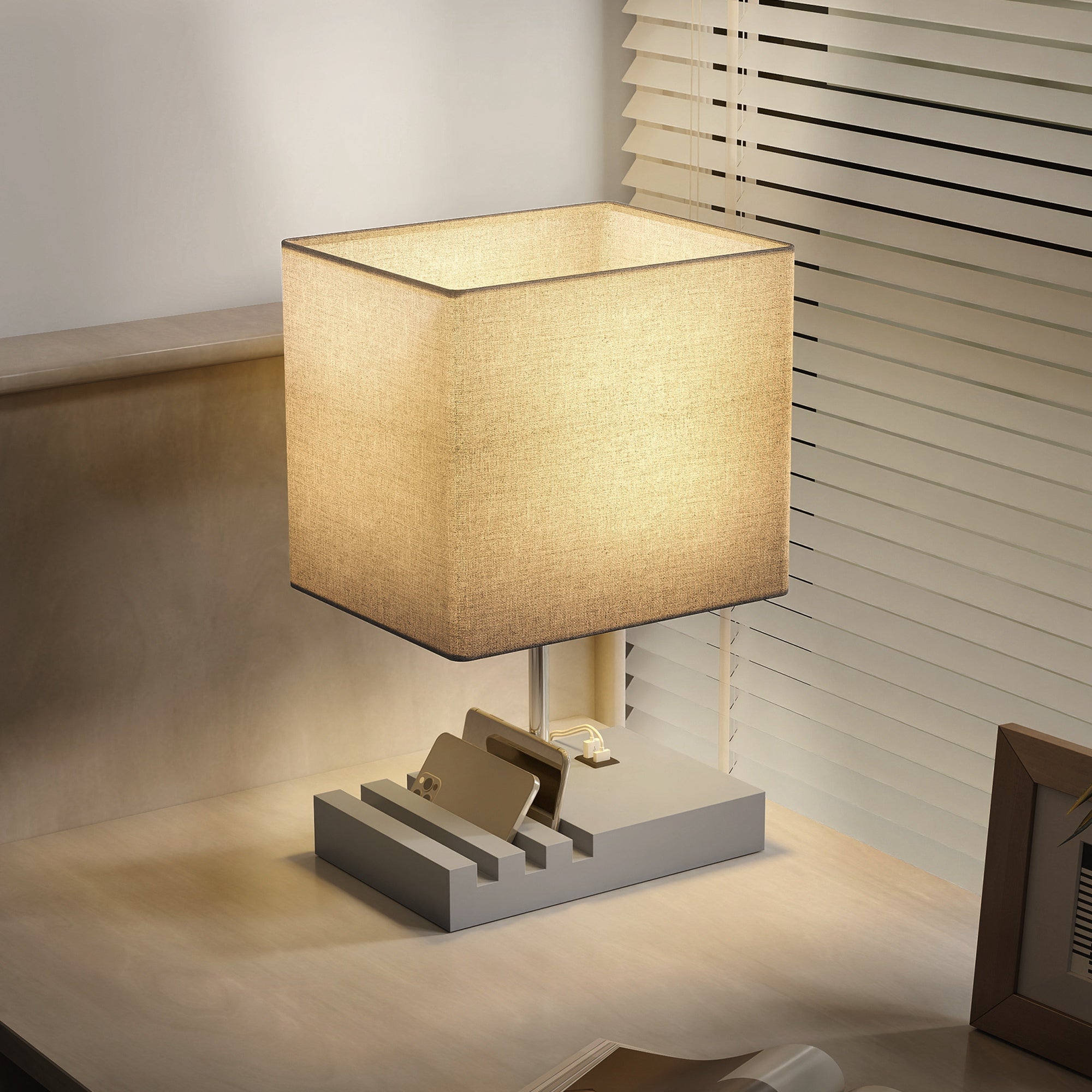 HOMCOM Bedside Lamp with USB A+C Charging Ports and 3 Phone Stands, Modern Table Lamp with Solid Wood Base and Fabric Shade for Bedroom Living Room Office, E27 Socket, Bulb Not Included, Grey 