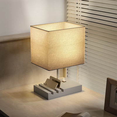 HOMCOM Bedside Lamp with USB A+C Charging Ports and 3 Phone Stands, Modern Table Lamp with Solid Wood Base and Fabric Shade for Bedroom Living Room Office, E27 Socket, Bulb Not Included, Grey 