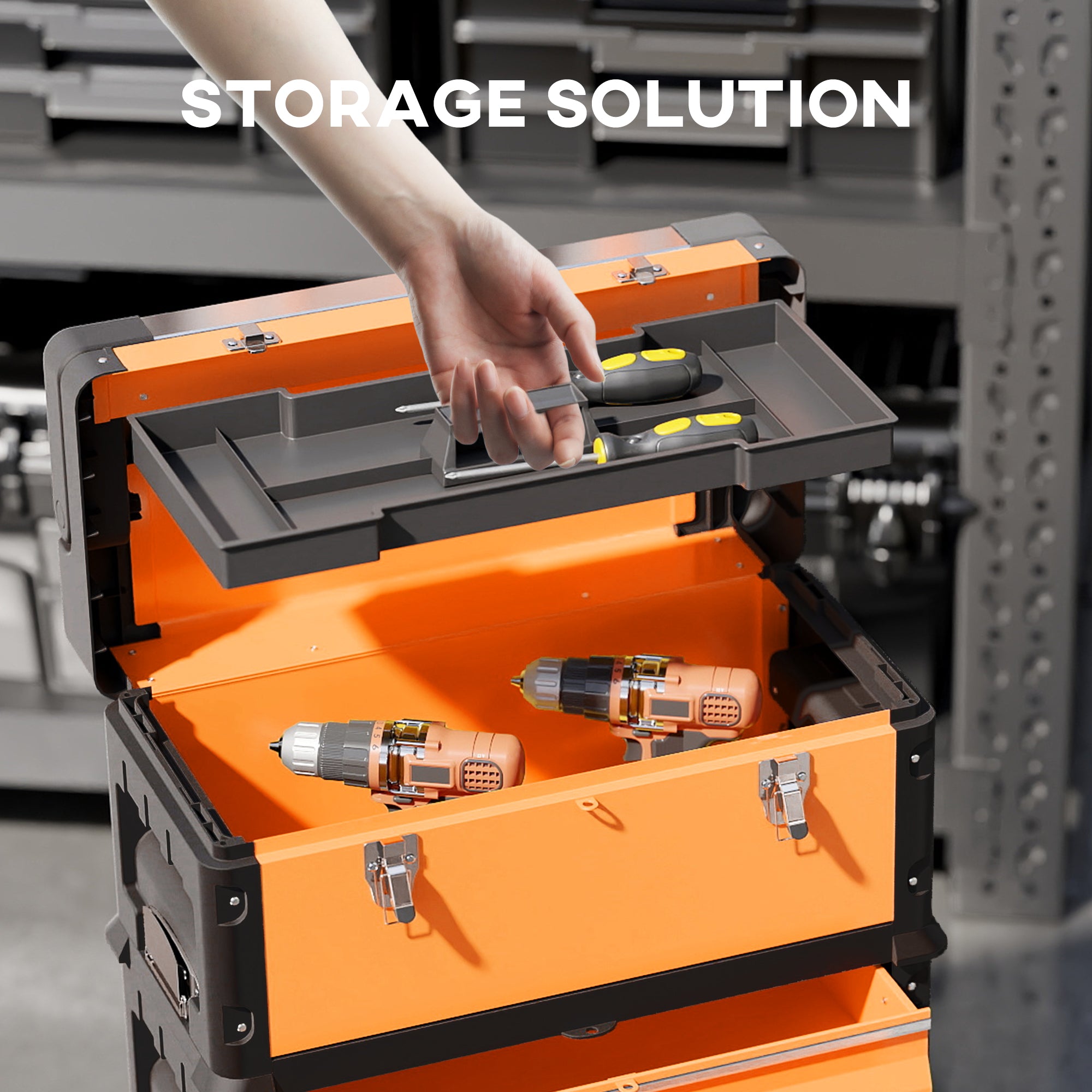 HOMCOM 3-in-1 Stackable Rolling Tool Box - Orange