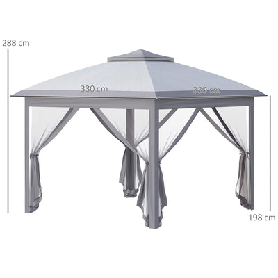 Outsunny 3.3 x 3.3m Pop Up Gazebo, Double Roof Foldable Canopy Tent with Zipped Mesh Sidewalls, Height Adjustable and Carrying Bag, Event Tent for Patio Garden, Grey 
