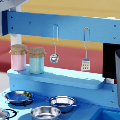 AIYAPLAY Kids Mud Kitchen Outdoor with Stoves, Sink, Faucet, Storage Shelves, Cookware Accessories for Boys Girls, Blue 