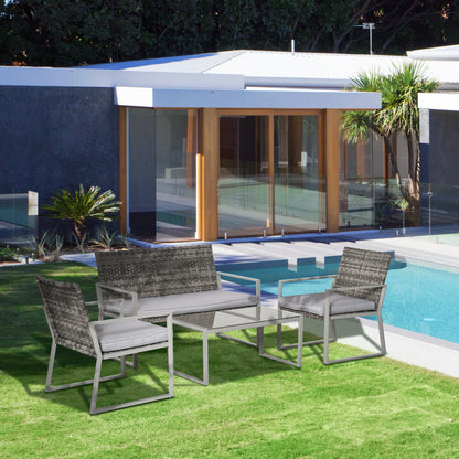 Outsunny 4PC Rattan Garden Furniture Set 2 Single Sofa Arm Chairs 1 Bench with Cushions & Coffee Table Patio Backyard Wicker Weave 