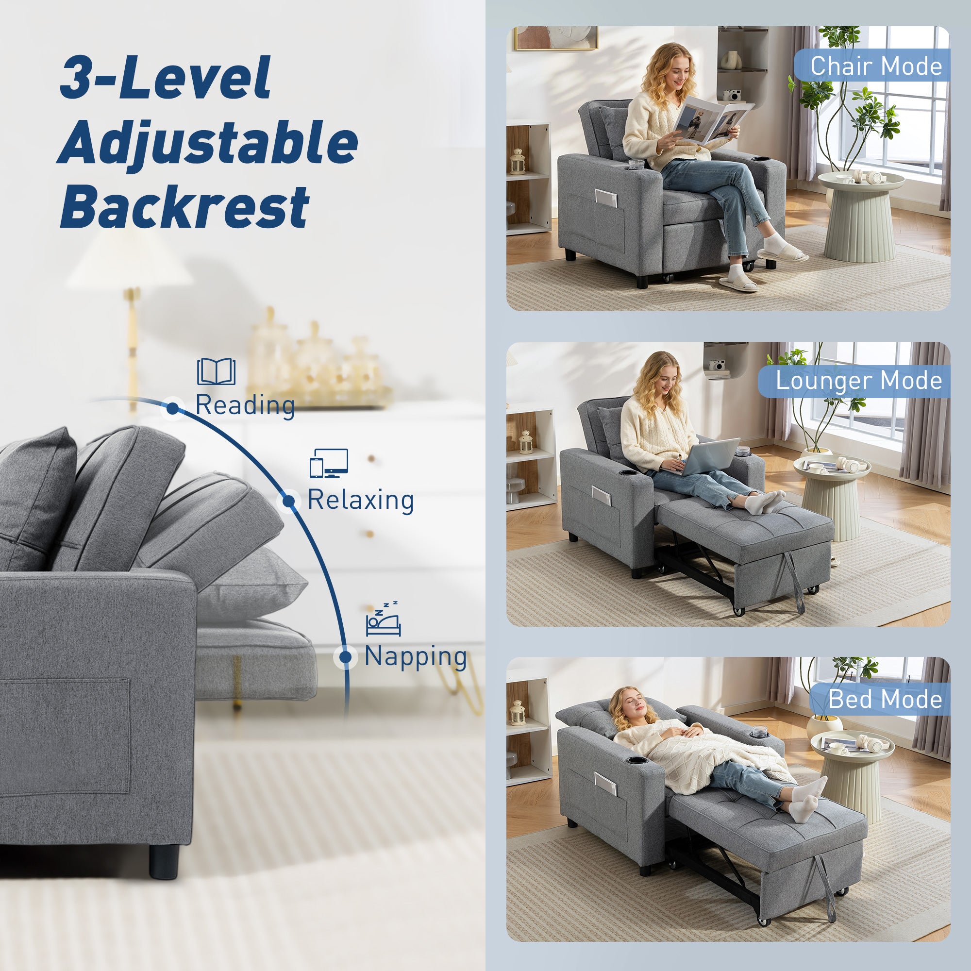 HOMCOM 3-in-1 Single Sofa Bed, Convertible Sleeper Chair Bed - Dark Grey 