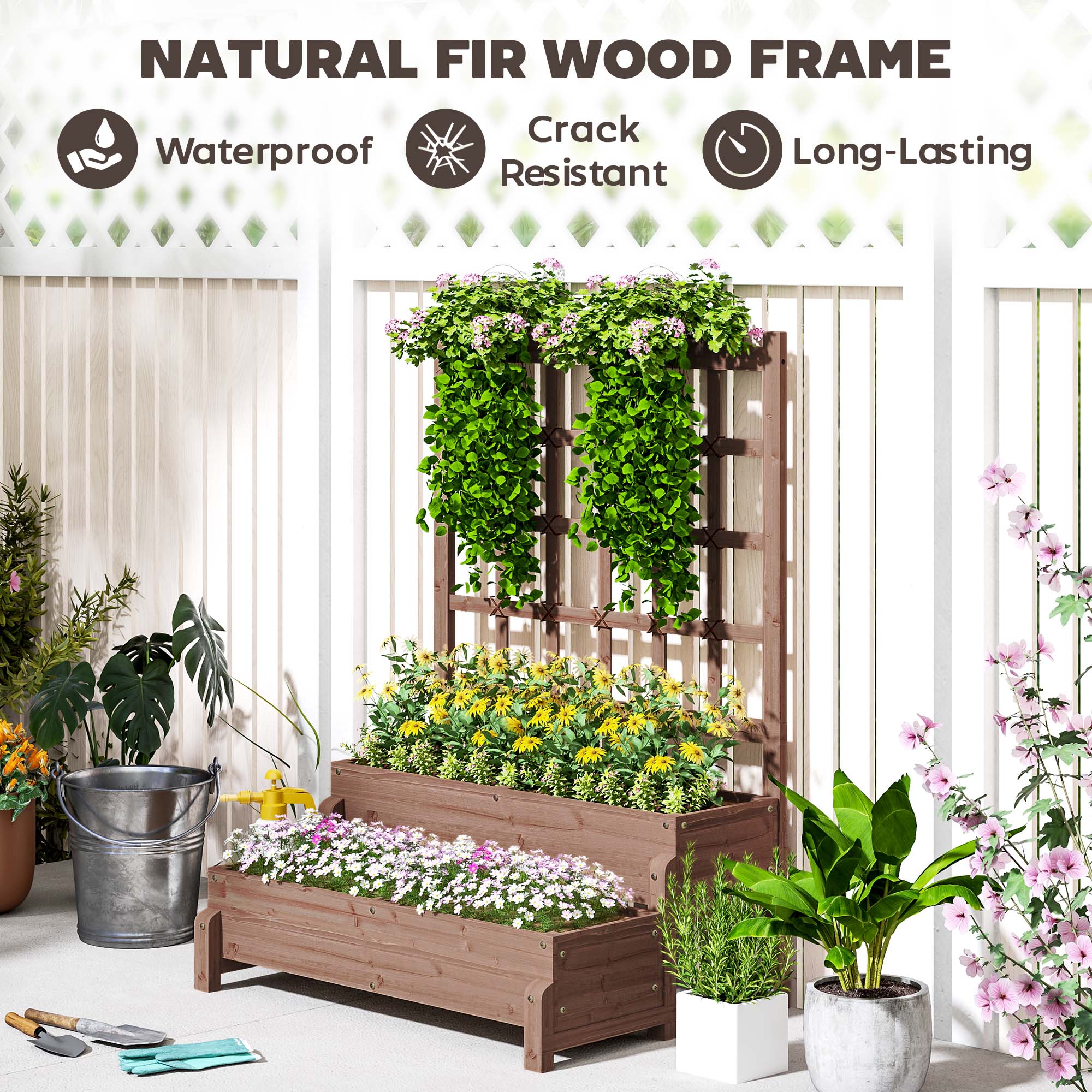 Outsunny 2-Tier Raised Garden Bed with Trellis, Wooden Elevated Planter Box with Drainage Holes, Outdoor Raised Planter for Climbing Plants, Fruits, Vegetables, Flowers, Brown 