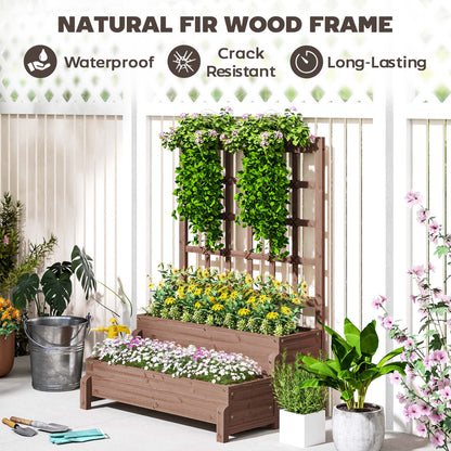 Outsunny 2-Tier Raised Garden Bed with Trellis, Wooden Elevated Planter Box with Drainage Holes, Outdoor Raised Planter for Climbing Plants, Fruits, Vegetables, Flowers, Brown 