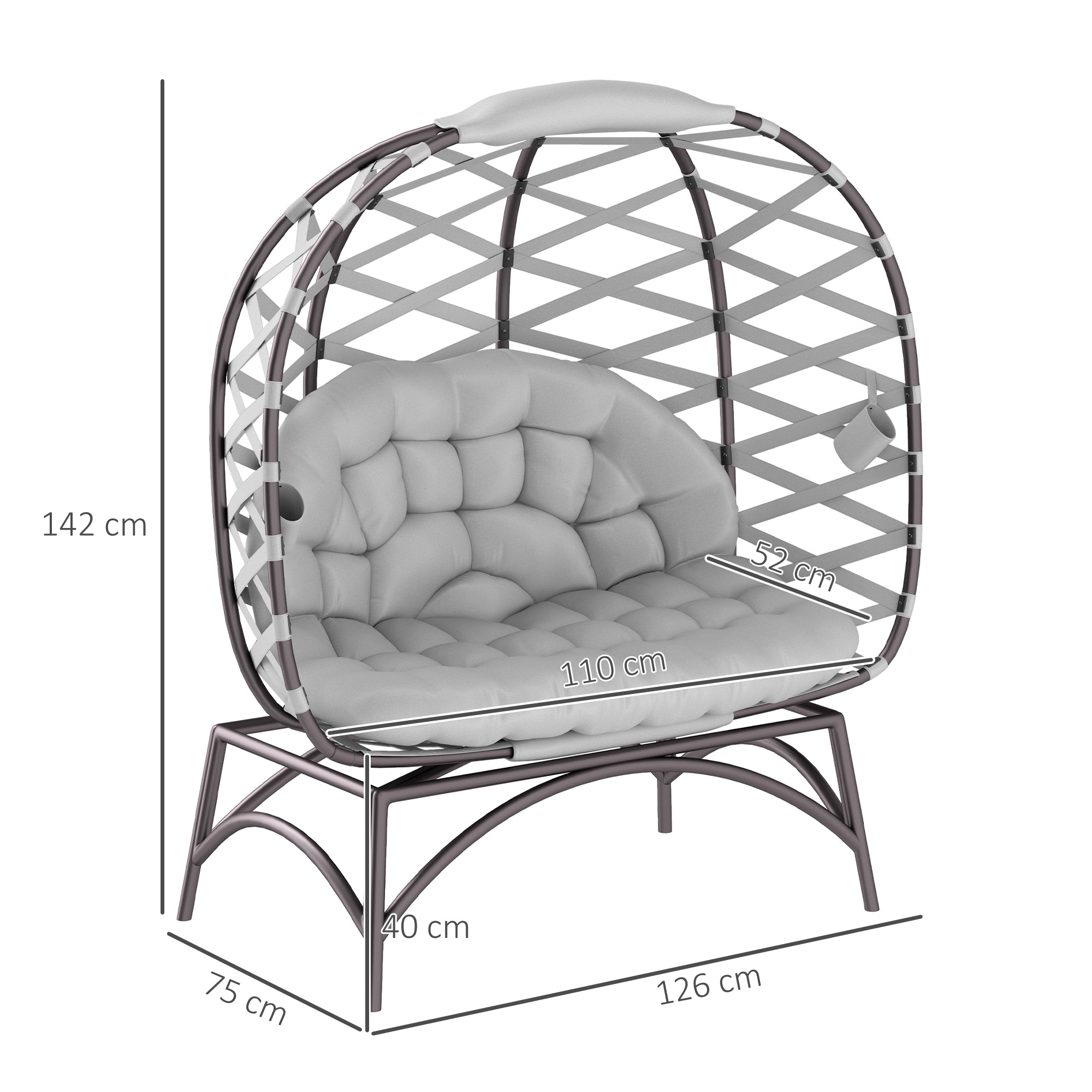Outsunny 2 Seater Egg Chair Outdoor, Folding Weave Garden Furniture Chair with Cushion, Cup Pockets - Light Grey 