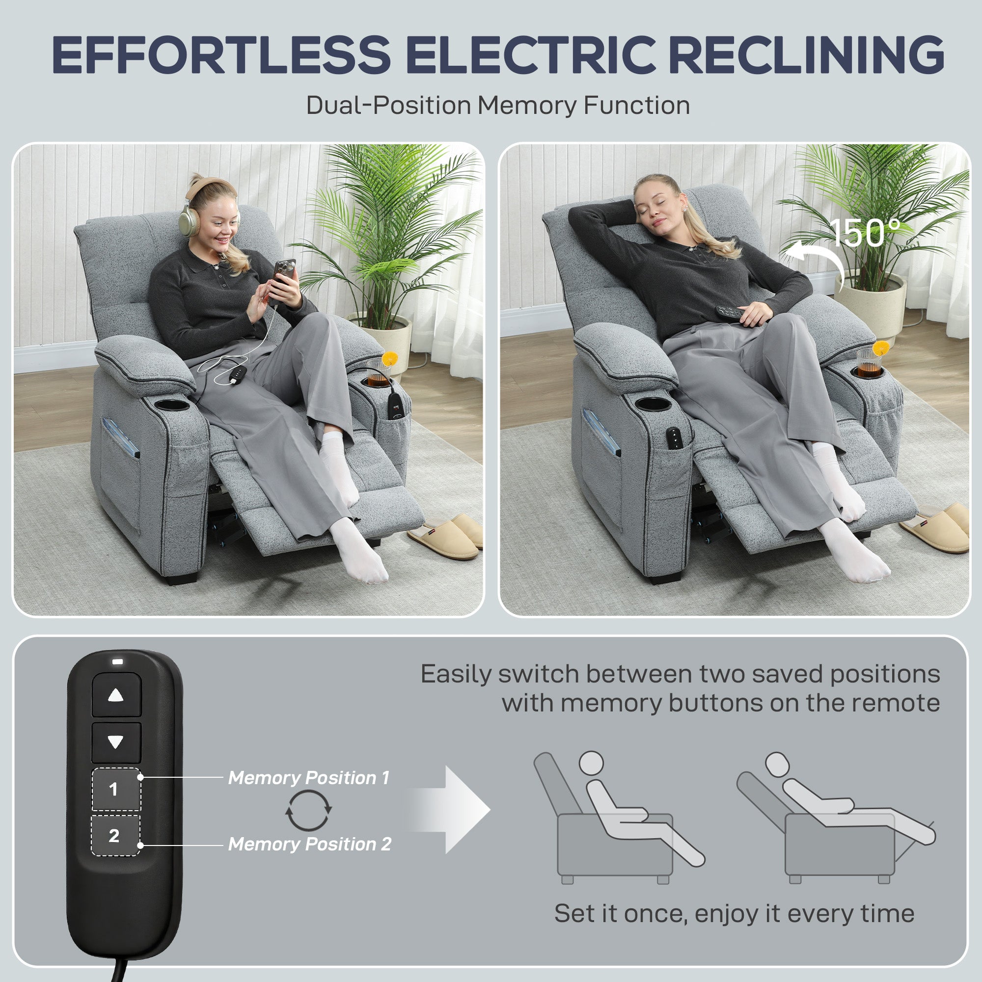 HOMCOM Electric Massage Recliner Armchair with Vibration, Heat, Whisper-Quiet Motor, Memory Function, Velvet Power Reclining Chair with Spring Pack, USB Port, Footrest, Side Pocket, Cup Holders, Grey 