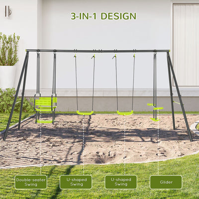 Outsunny Metal Garden Swing Set with Double Swings, Glider, Swing Seats - Green 