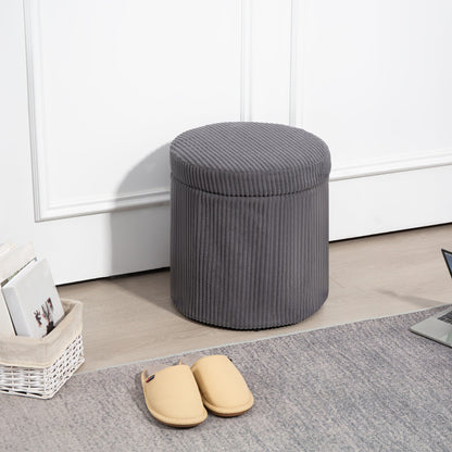 HOMCOM 40cm Round Storage Ottoman, Corduroy Footstool with Removable Lid and Legs, Vanity Stool for Living Room, Bedroom, Grey 