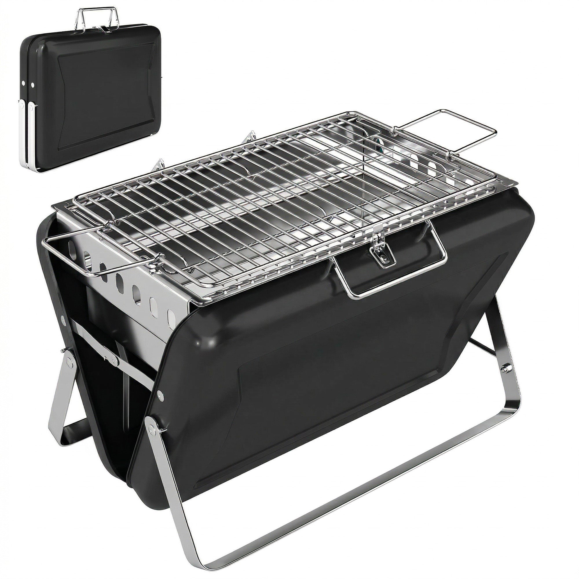 Outsunny Charcoal BBQ Grill Portable Stainless Steel Barbecue with Tilting Grate for Camping Picnic Garden Black 