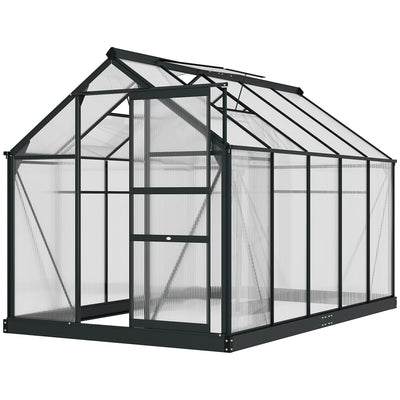 Outsunny 6 x 10ft Polycarbonate Greenhouse, Large Walk-In Green House with Slide Door and Window, Garden Plants Grow House with Aluminium Frame and Foundation, Grey 