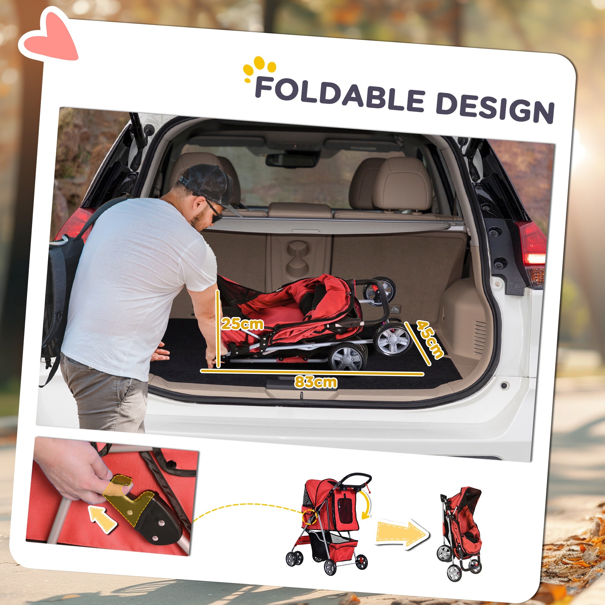 PawHut Pet Stroller for Small Miniature Dogs Cats Foldable Travel Carriage with Wheels Zipper Entry Cup Holder Storage Basket Red 