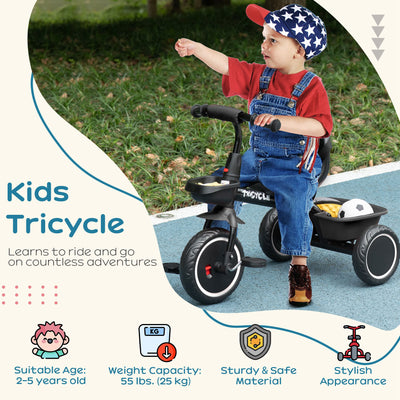 AIYAPLAY Kids Trike for 2-5 Years with Adjustable Seat, Pedal, Baskets, Black 