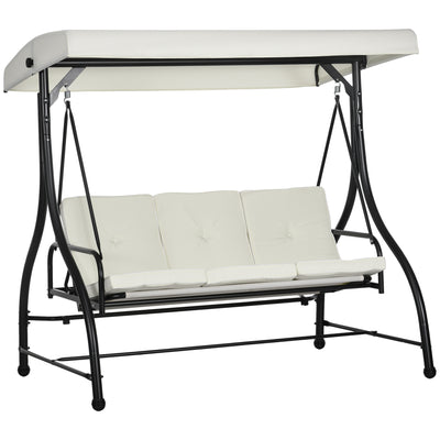 Outsunny 3 Seater Canopy Swing Chair, 2 in 1 Garden Swing Seat Bed, with Adjustable Canopy and Metal Frame, Cream White 