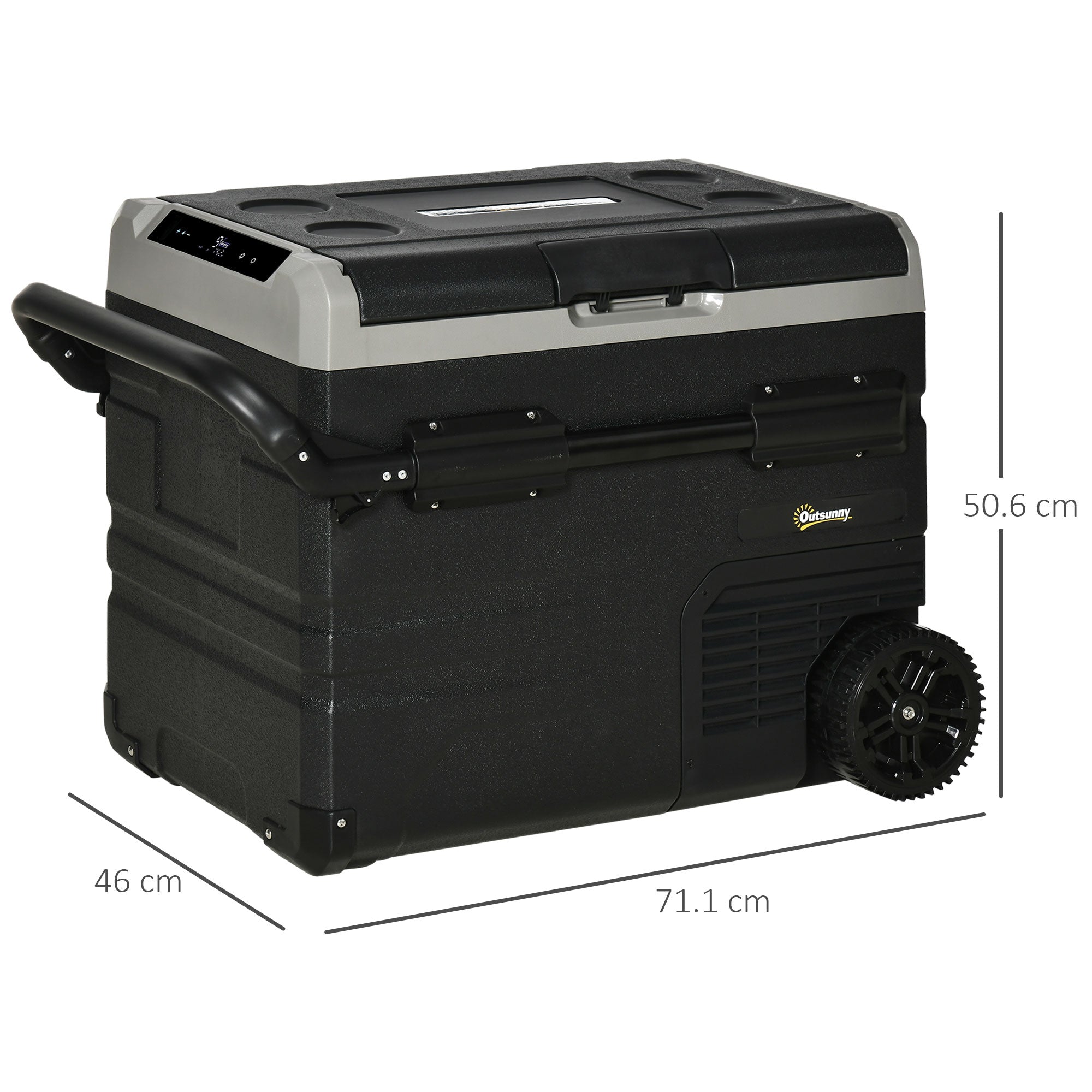 Outsunny 50L Car Refrigerator, Portable Compressor Cooler Box, Fridge Freezer w/ Inner LED Light, Foldable Handles, Cup Holders, 12/24V DC and 110-240V AC for Campervan RV Boat Travel Down to -20\'e2\'84\'83