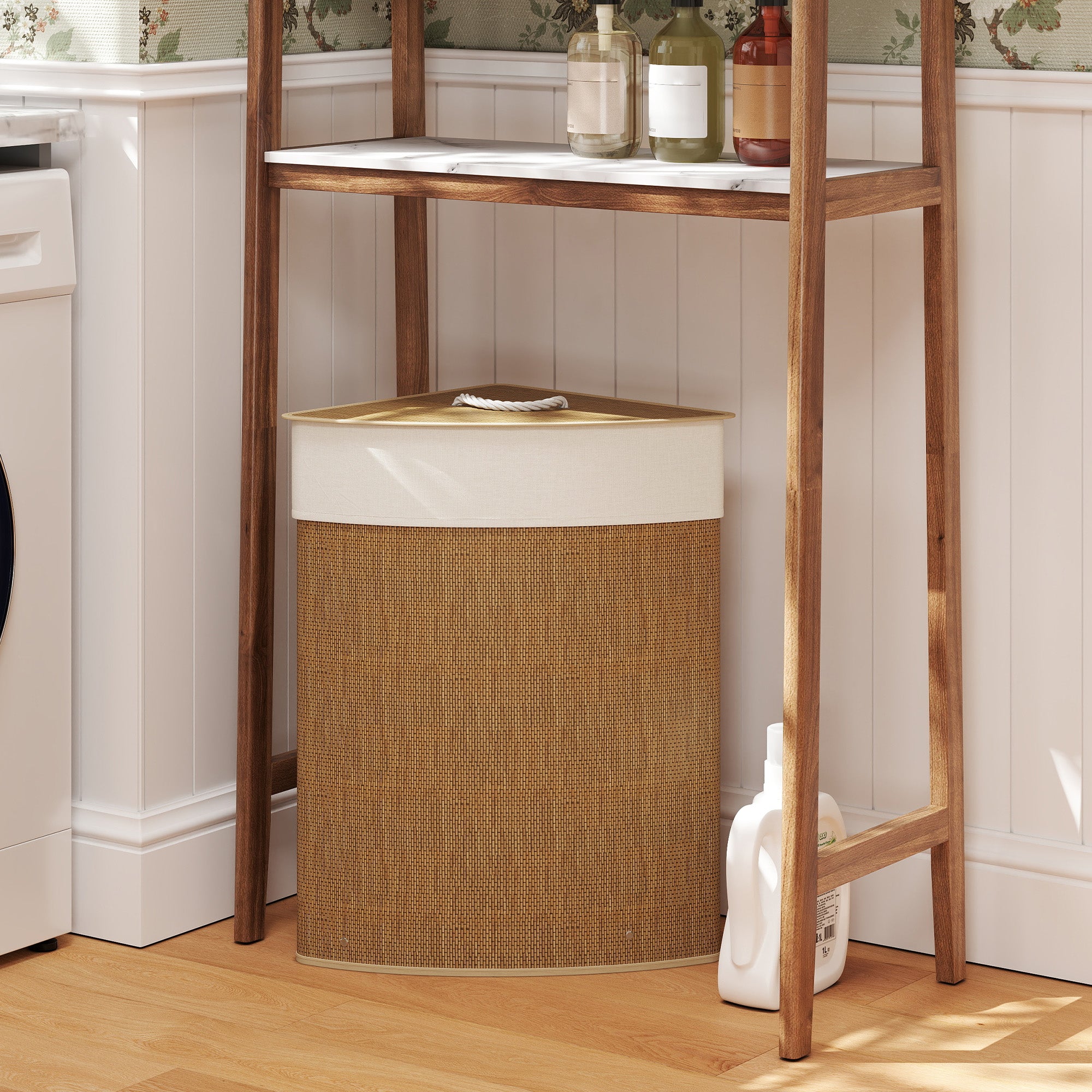 HOMCOM Bamboo Laundry Basket with Lid, 55L Corner Laundry Hamper with Removable Washable Liner Bag, Bathroom Triangle Washing Basket, 35 x 35 x 60 cm, Brown