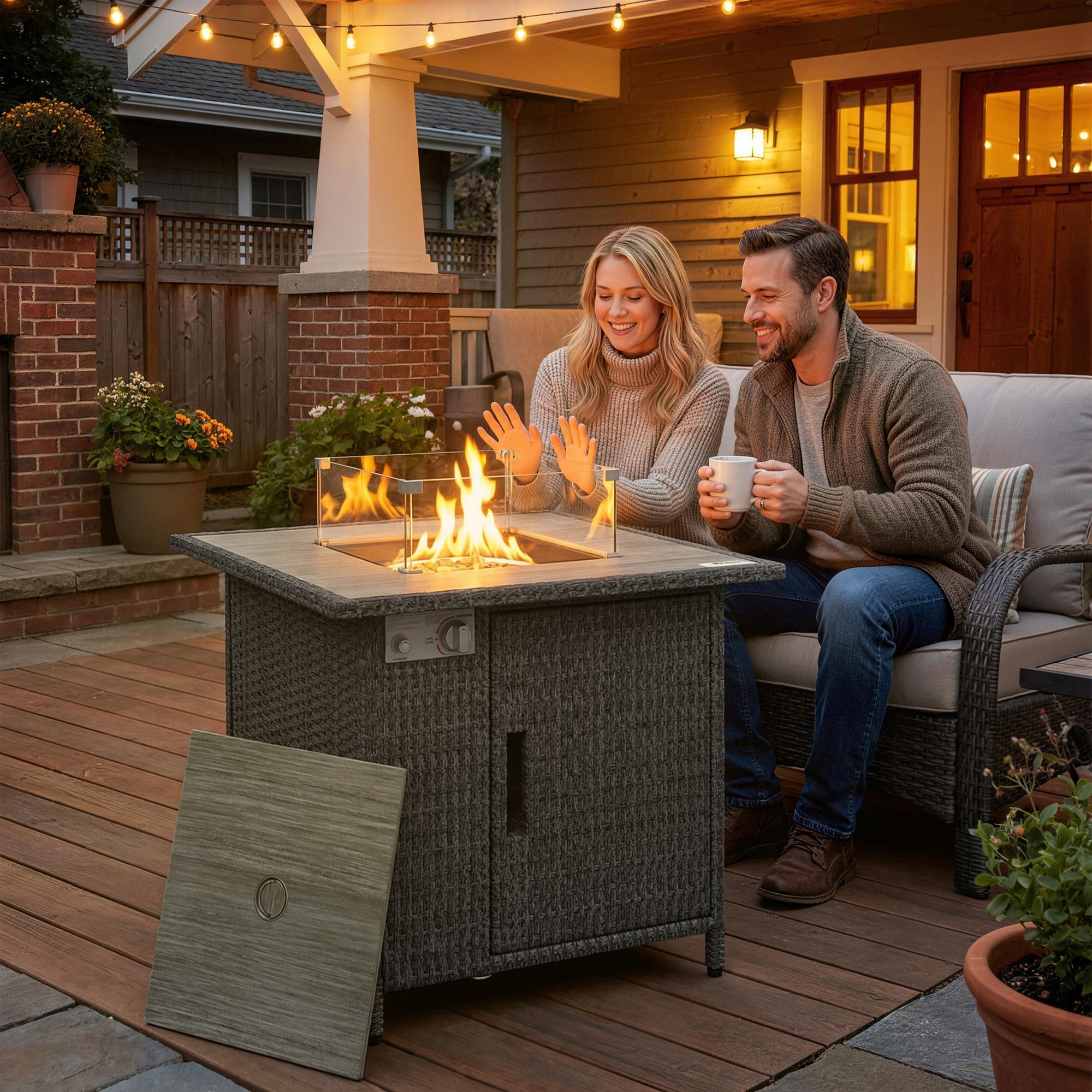 Outsunny 14.5 KW Rattan Gas Fire Pit Dining Table with Rain Cover, Wind Guard, Lid, Lava Rocks, Dark Grey 