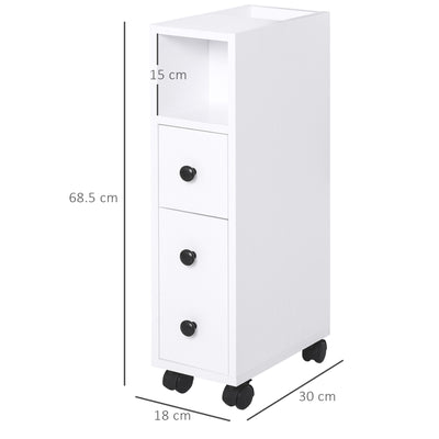 kleankin Slimline Bathroom Storage Unit w/ 2 Drawers 2 Open Compartments Wheels Handles Freestanding Compact Home Office Furniture White 