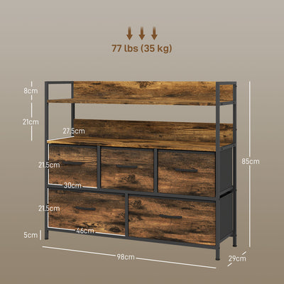 HOMCOM Rustic Chest of Five Fabric Drawers - Rustic Brown 
