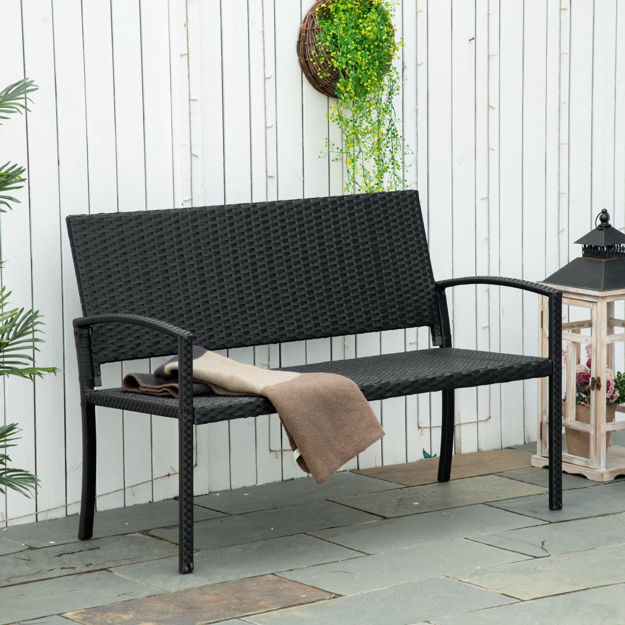 Outsunny 2 Seater Poly Rattan Garden Bench, All Weather Wicker Garden Loveseat, Outdoor Seating Bench with 240 Load Capacity, Backrest and Armrests for Patio, Terrace, Balcony, Black 