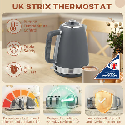 HOMCOM Stainless Steel Kettle and Toaster Set, 1.7L 3000W Rapid Boil Jug Kettle with UK Strix Thermostat, Limescale Filter, 4 Slice Toaster with 7 Browning Controls, Crumb Tray, Grey and Silver Tone 