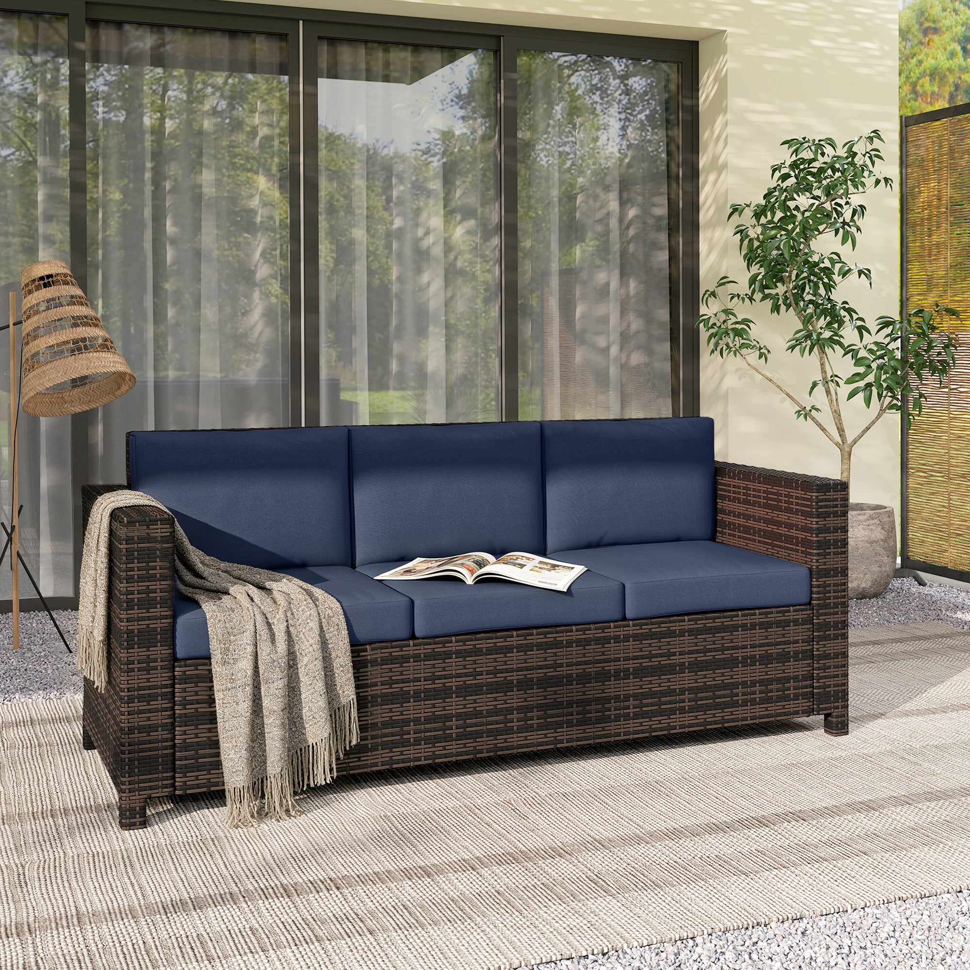 Outsunny 3 Seater Rattan Sofa All-Weather Wicker Weave Metal Frame Chair with Fire Resistant Cushio-Dark Blue 