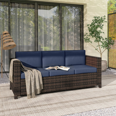 Outsunny 3 Seater Rattan Sofa All-Weather Wicker Weave Metal Frame Chair with Fire Resistant Cushio-Dark Blue 