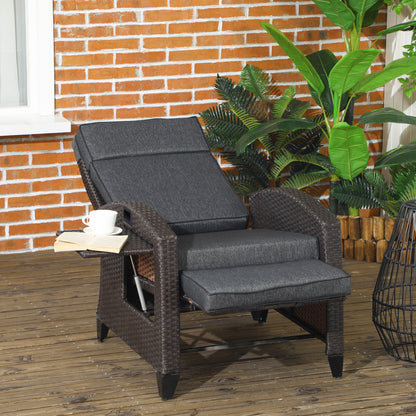 Outsunny Outdoor Recliner Chair with Adjustable Backrest and Footrest, Cushion, Side Tray, Grey