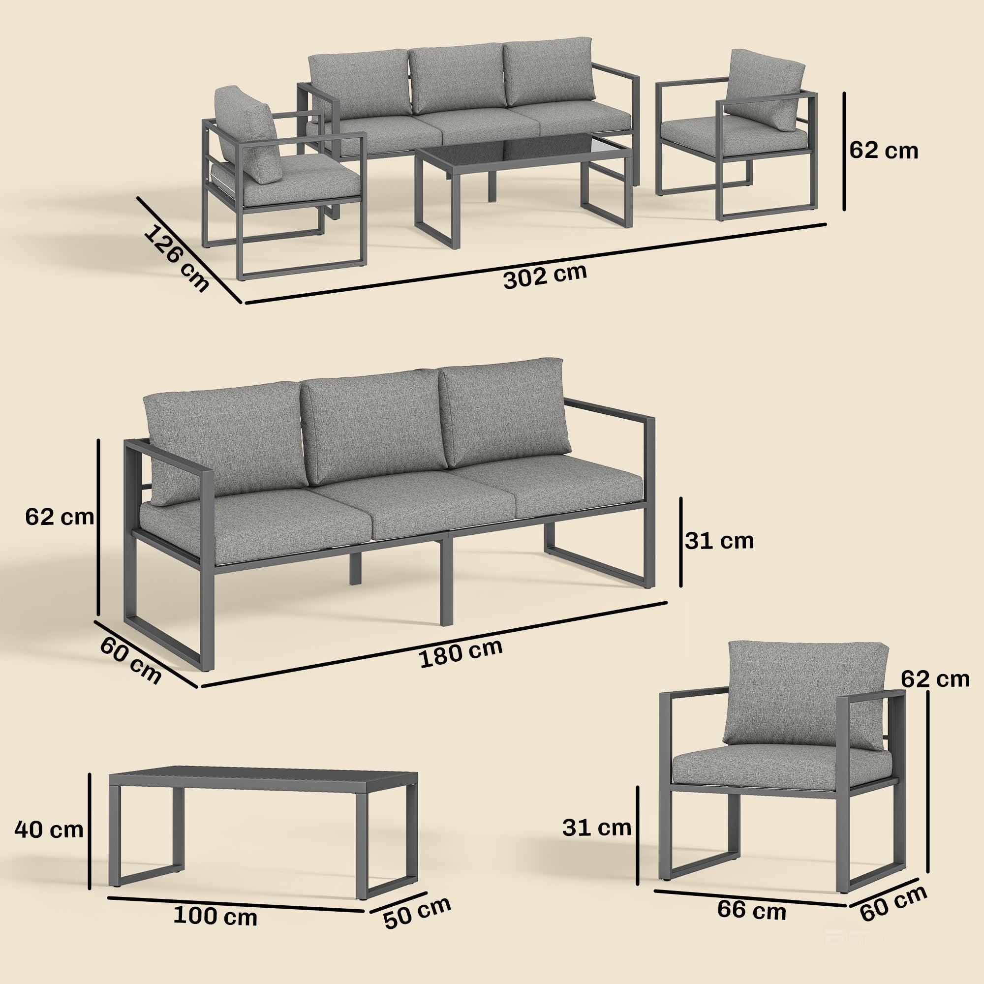 Outsunny 4 Piece Outdoor Garden Furniture Set, Patio Furniture with 3-Seater Sofa, Armchairs and Coffee Table 