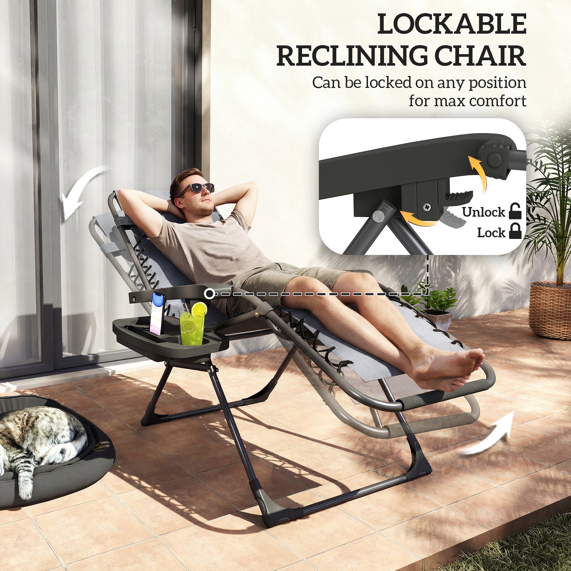 Outsunny Zero Gravity Chairs Set of 2, Folding Sunloungers Reclining Garden Chairs with Cup Holder, Headrest, Dark Grey 