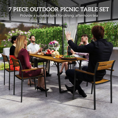 Outsunny 7 Piece Garden Dining Set, Fir Wood Garden Furniture Set with Rectangle Table and 6 Stackable Chairs, Umbrella Hole, Slatted Top and Steel Frame, for Patio Balcony Porch, Brown 