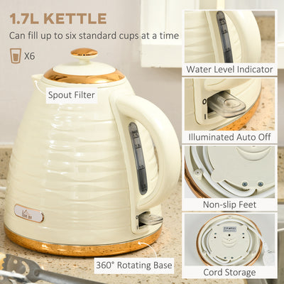 HOMCOM 3000W 1.7L Rapid Boil Kettle & 4 Slice Toaster, Kettle and Toaster Set with 7 Browning Controls and Crumb Tray, Beige 
