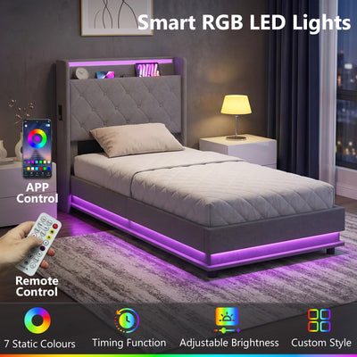 HOMCOM 3ft Single Bed Frame with Headboard, Platform Bed Frame with Hydraulic Storage, LED Lights and Charging Station, Grey 
