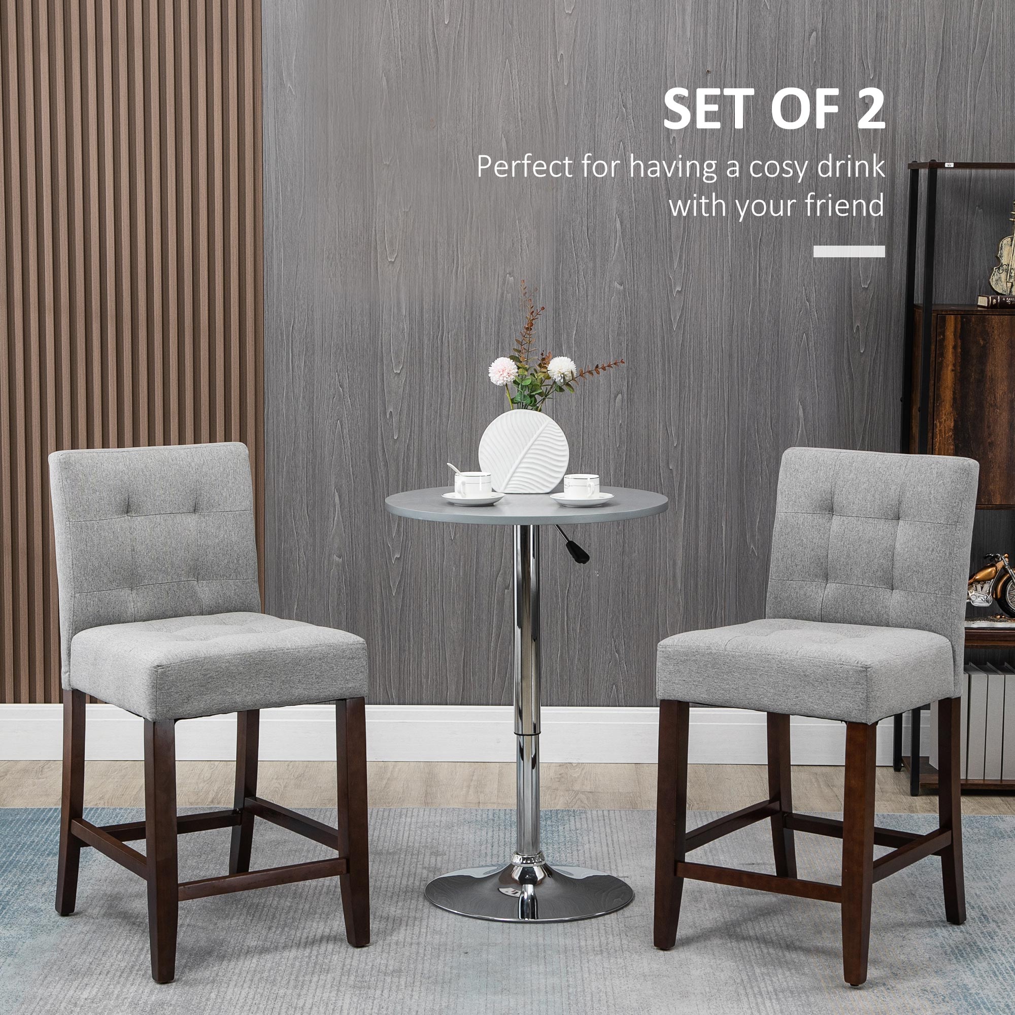 HOMCOM Modern Fabric Bar Stools Set of 2, Thick Padding Kitchen Stool, Bar Chairs with Tufted Back, Wood Legs, Grey 