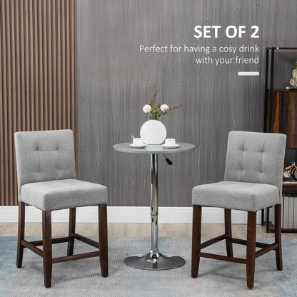 HOMCOM Modern Fabric Bar Stools Set of 2, Thick Padding Kitchen Stool, Bar Chairs with Tufted Back, Wood Legs, Grey 