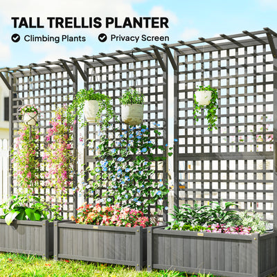 Outsunny Raised Bed with Drainage Holes, Wood Planter with Trellis for Climbing Plants, Dark Grey 