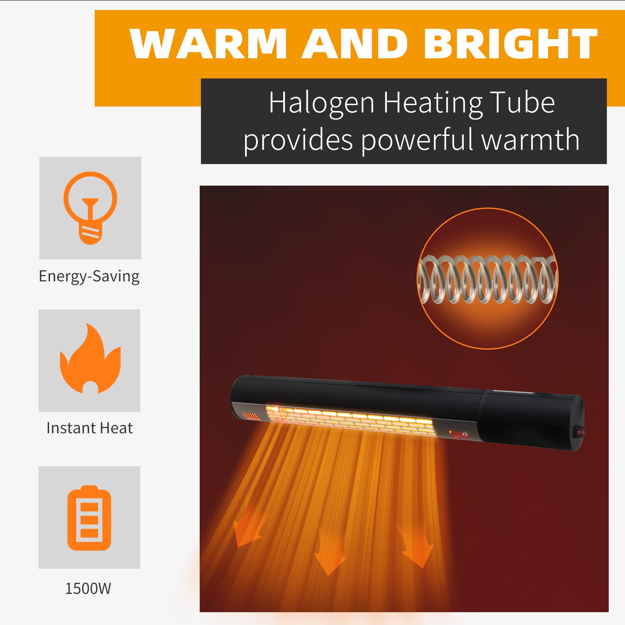 Outsunny Outdoor Patio Garden Warmer 1500W Wall Mounted Electric Infrared Halogen Heater with Remote Control Black 