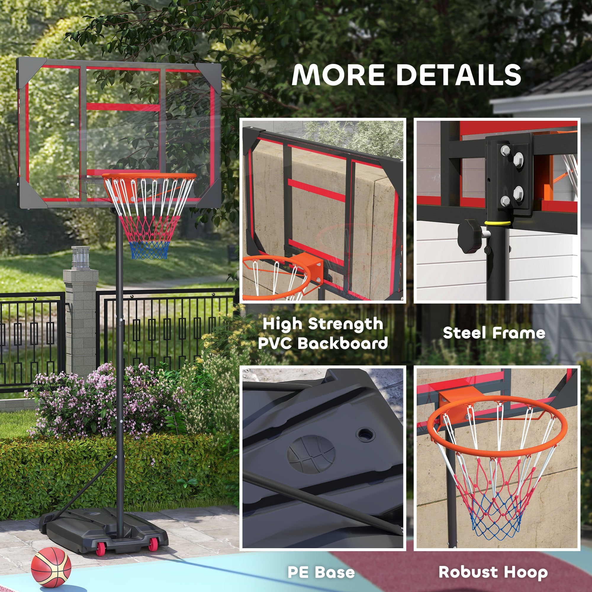 AIYAPLAY Basketball Hoop Outdoor Indoor, 210-260cm Height Adjustable Basketball Hoop with Wheels, Larger Base, for 6+ Years, Red 