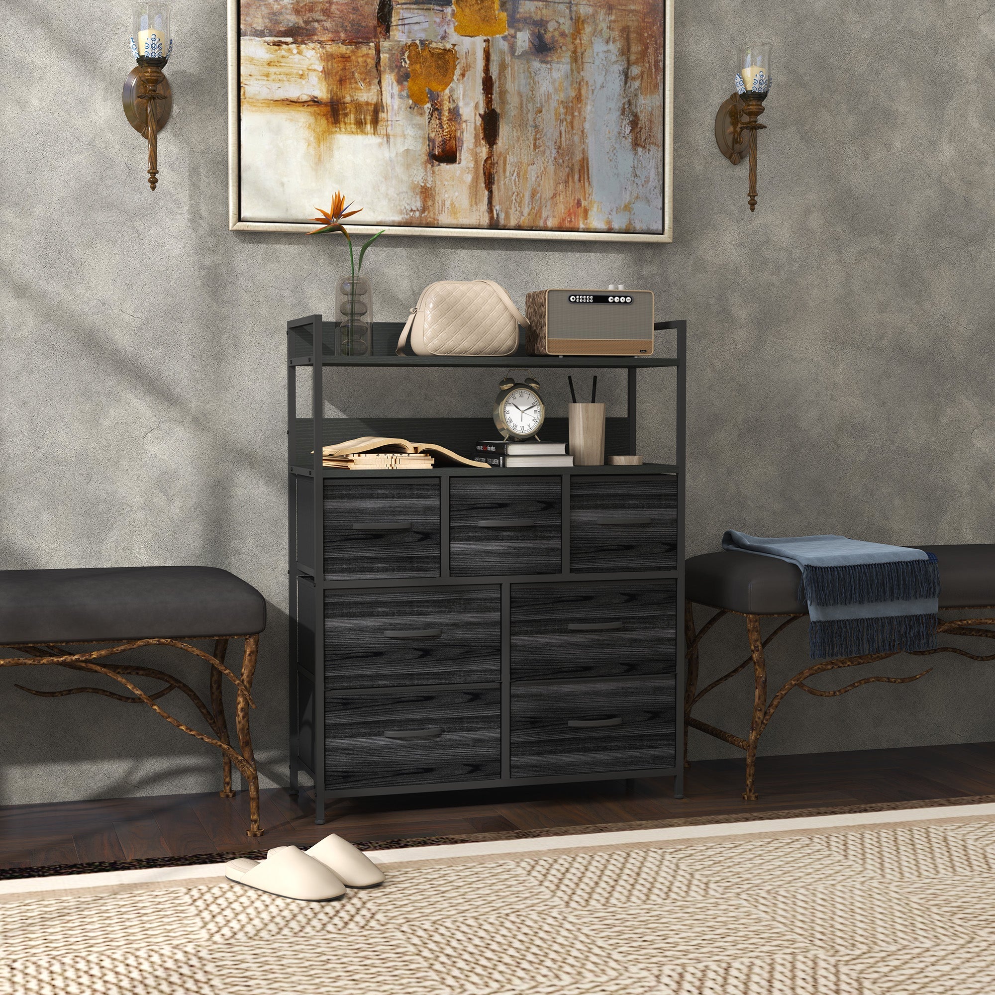 HOMCOM Rustic Chest of Seven Fabric Drawers - Black 