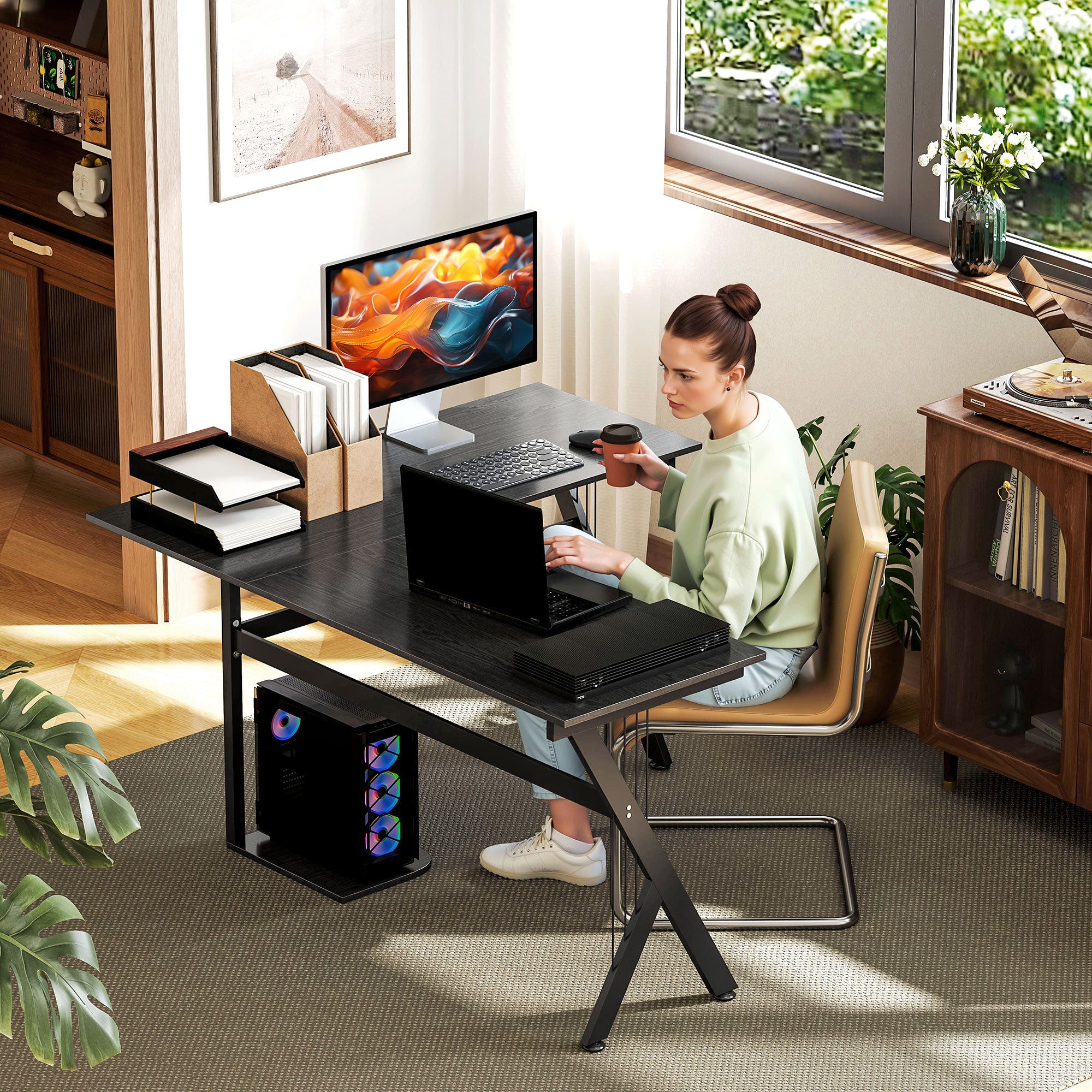 HOMCOM L Shaped Gaming Desk, 155 x 130cm Corner Computer Desk with CPU Stand for Home Office, Study Workstation, Black 