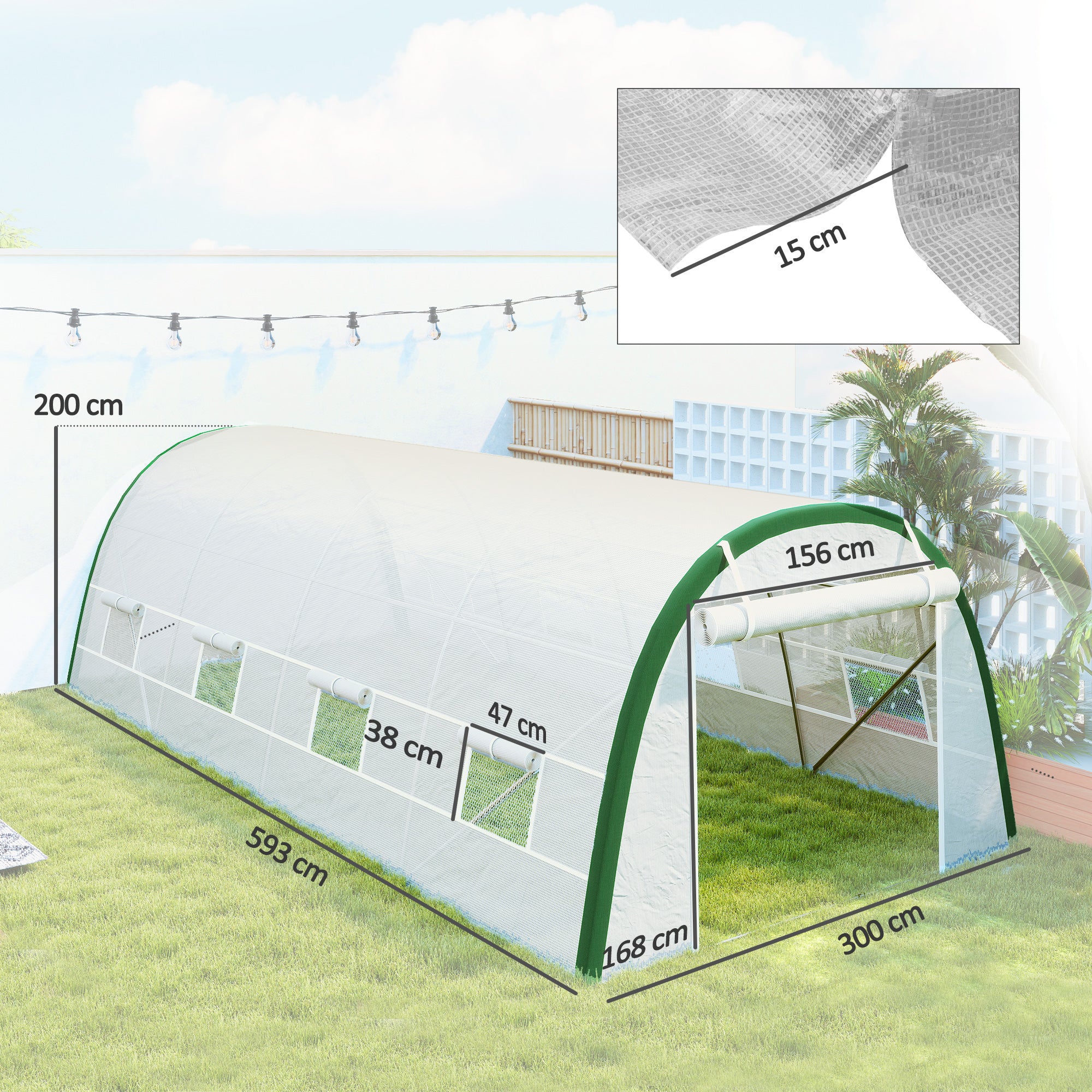 Outsunny Walk-in Polytunnel Greenhouse Tunnel Warm House Tent with Zipped Doors, 8 Mesh Windows, PE Cover, 6 x 3 m, White 