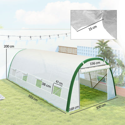 Outsunny Walk-in Polytunnel Greenhouse Tunnel Warm House Tent with Zipped Doors, 8 Mesh Windows, PE Cover, 6 x 3 m, White 