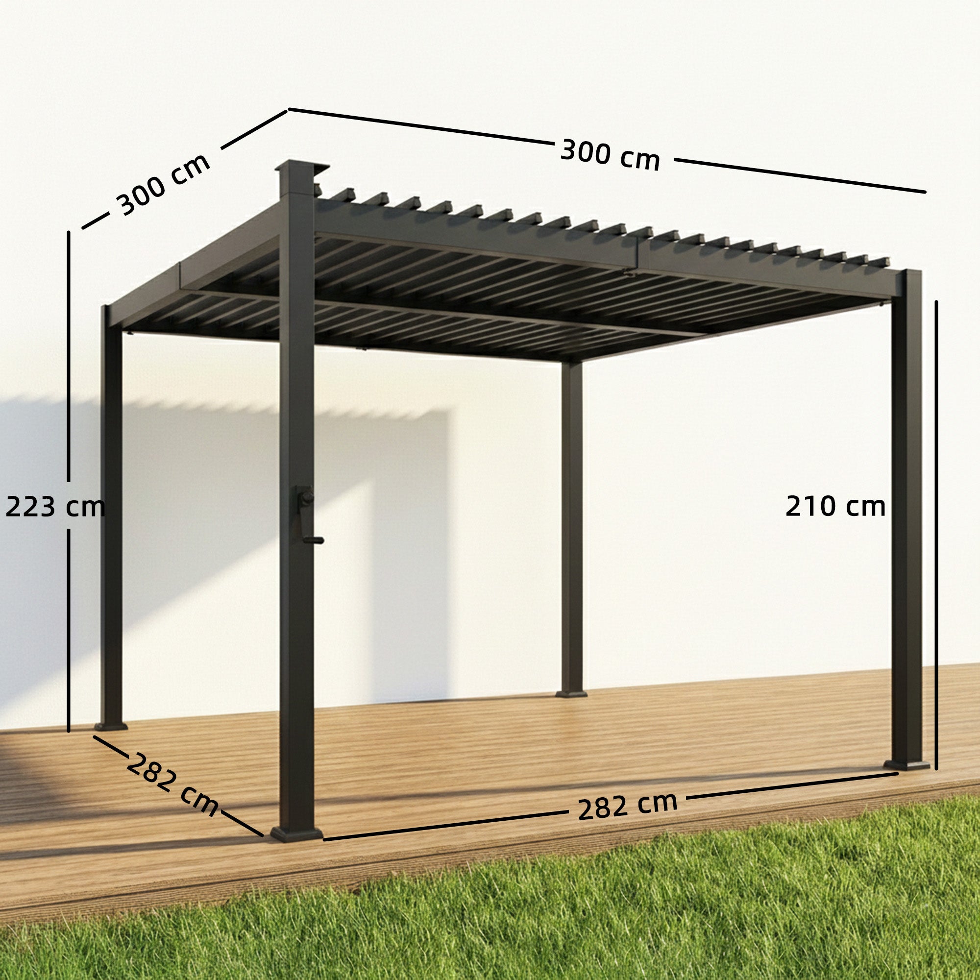Outsunny 3 x 3 m Louvered Pergola with Solar LED lights, Metal Roof, Patio Gazebo Pergola Canopy with Drainage Gutters, Black 